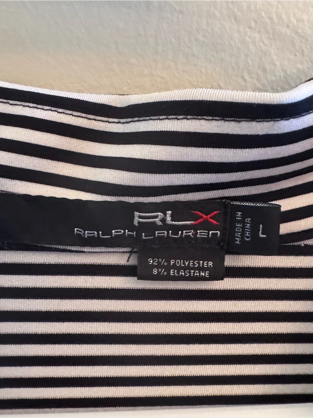 RLX Ralph Lauren Men’s Large Golf Polo Black White Striped Stretch Performance
